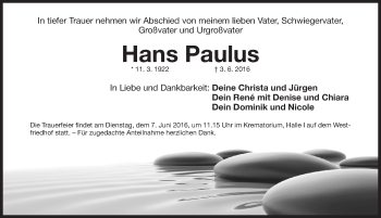 Traueranzeige von Hans Paulus von Gesamtausgabe Nürnberger Nachrichten/ Nürnberger Ztg.