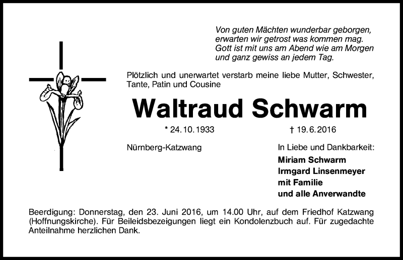  Traueranzeige für Waltraud Schwarm vom 21.06.2016 aus Schwabach