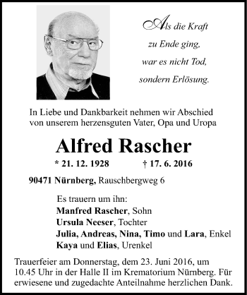 Traueranzeige von Alfred Rascher von Gesamtausgabe Nürnberger Nachrichten/ Nürnberger Ztg.