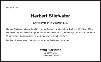 Traueranzeige von Herbert Stiefvater von Gesamtausgabe Nürnberger Nachrichten/ Nürnberger Ztg.