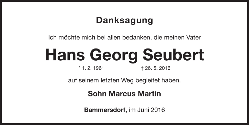  Traueranzeige für Hans Georg Seubert vom 25.06.2016 aus Nordbayerische Nachrichten Forchheim Lokal