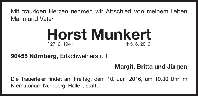  Traueranzeige für Horst Munkert vom 08.06.2016 aus Gesamtausgabe Nürnberger Nachrichten/ Nürnberger Ztg.