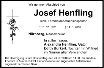 Traueranzeige von Josef Henfling von Gesamtausgabe Nürnberger Nachrichten/ Nürnberger Ztg.