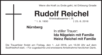 Traueranzeige von Rudolf Reichel von Gesamtausgabe Nürnberger Nachrichten/ Nürnberger Ztg.