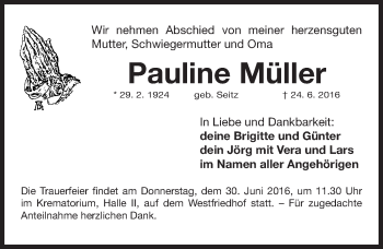 Traueranzeige von Pauline Müller von Gesamtausgabe Nürnberger Nachrichten/ Nürnberger Ztg.