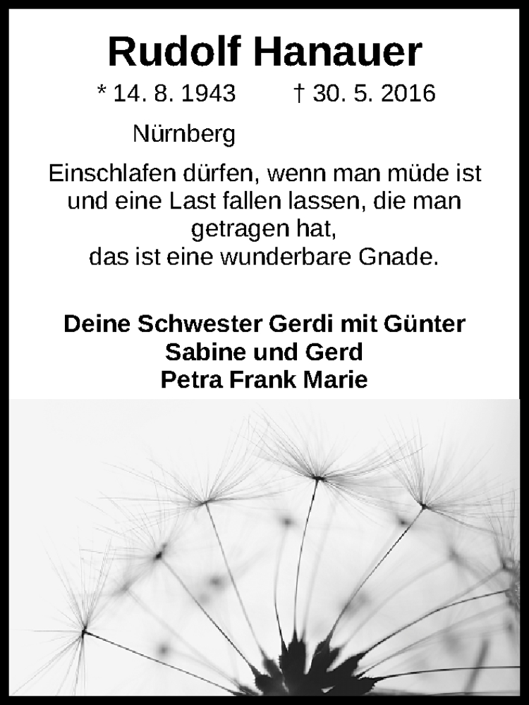 Traueranzeige für Rudolf Hanauer vom 02.06.2016 aus Gesamtausgabe Nürnberger Nachrichten/ Nürnberger Ztg.