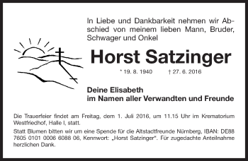 Traueranzeige von Horst Satzinger von Gesamtausgabe Nürnberger Nachrichten/ Nürnberger Ztg.
