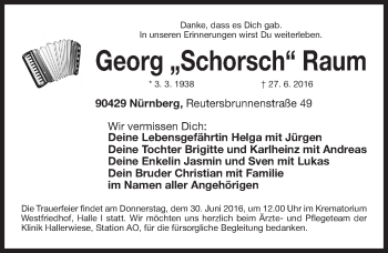 Traueranzeige von Georg Raum von Gesamtausgabe Nürnberger Nachrichten/ Nürnberger Ztg.
