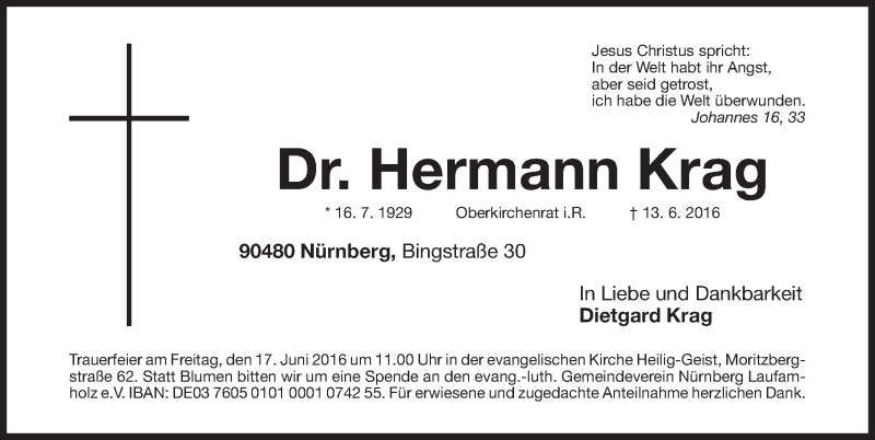  Traueranzeige für Hermann Krag vom 15.06.2016 aus Gesamtausgabe Nürnberger Nachrichten/ Nürnberger Ztg.