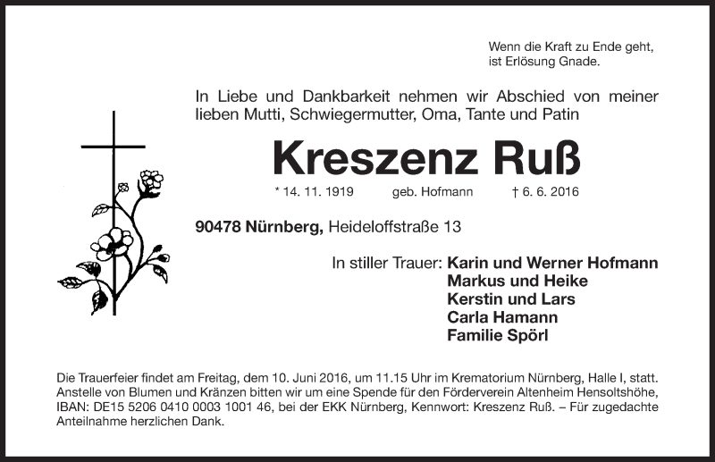  Traueranzeige für Kreszenz Ruß vom 08.06.2016 aus Gesamtausgabe Nürnberger Nachrichten/ Nürnberger Ztg.