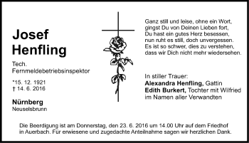 Traueranzeige von Josef Henfling von Nordbayerische Nachrichten Pegnitz Lokal