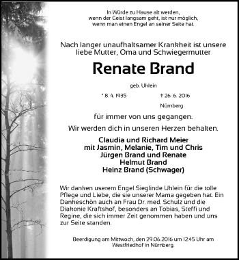 Traueranzeige von Renate Brand von Gesamtausgabe Nürnberger Nachrichten/ Nürnberger Ztg.