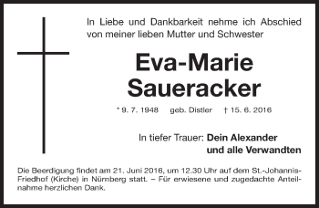 Traueranzeige von Eva-Marie Saueracker von Gesamtausgabe Nürnberger Nachrichten/ Nürnberger Ztg.
