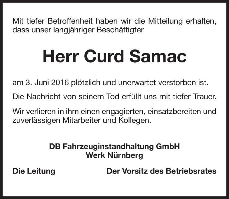  Traueranzeige für Curd Samac vom 11.06.2016 aus Gesamtausgabe Nürnberger Nachrichten/ Nürnberger Ztg.