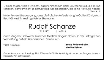 Traueranzeige von Rudolf Schanze von Gesamtausgabe Nürnberger Nachrichten/ Nürnberger Ztg.