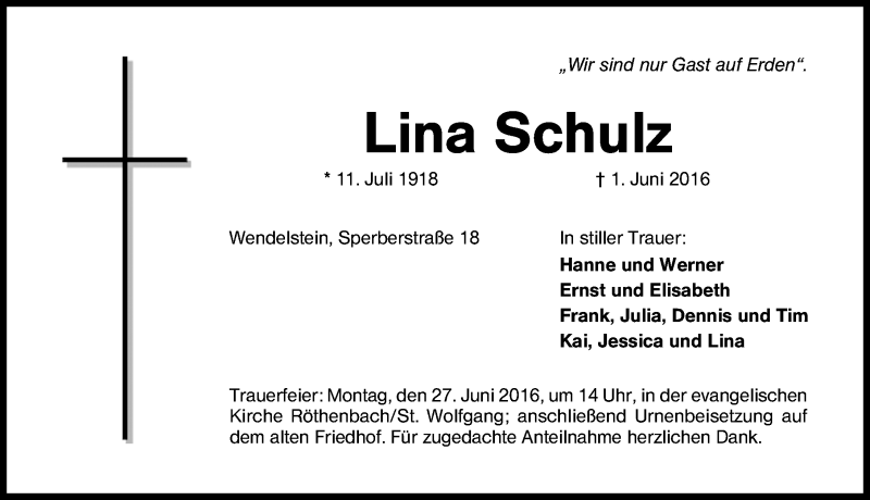  Traueranzeige für Lina Schulz vom 22.06.2016 aus Schwabach