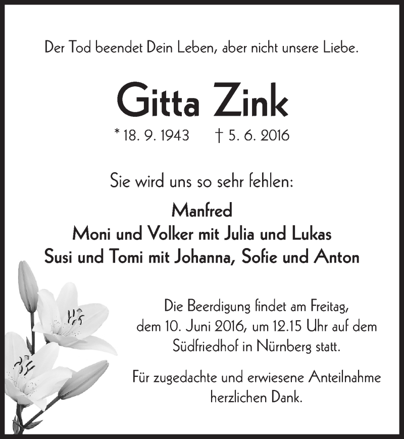  Traueranzeige für Gitta Zink vom 08.06.2016 aus Gesamtausgabe Nürnberger Nachrichten/ Nürnberger Ztg.