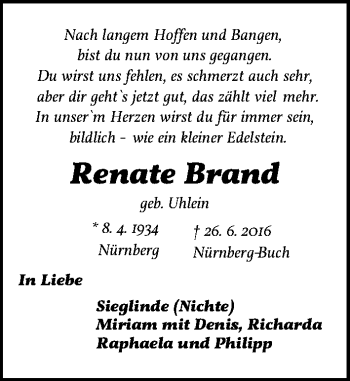Traueranzeige von Renate Brand von Gesamtausgabe Nürnberger Nachrichten/ Nürnberger Ztg.