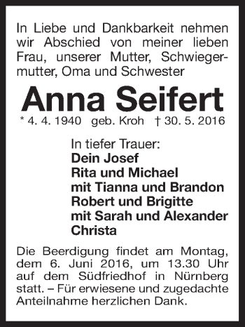 Traueranzeige von Anna Seifert von Gesamtausgabe Nürnberger Nachrichten/ Nürnberger Ztg.