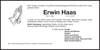 Traueranzeige von Erwin Haas von Gesamtausgabe Nürnberger Nachrichten/ Nürnberger Ztg.