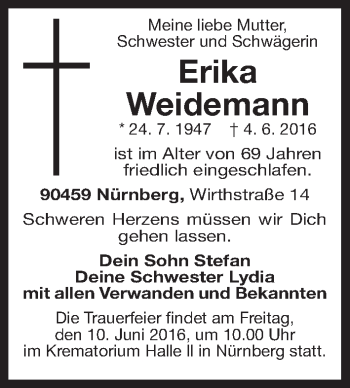 Traueranzeige von Erika Weidemann von Gesamtausgabe Nürnberger Nachrichten/ Nürnberger Ztg.