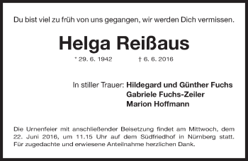Traueranzeige von Helga Reißaus von Gesamtausgabe Nürnberger Nachrichten/ Nürnberger Ztg.