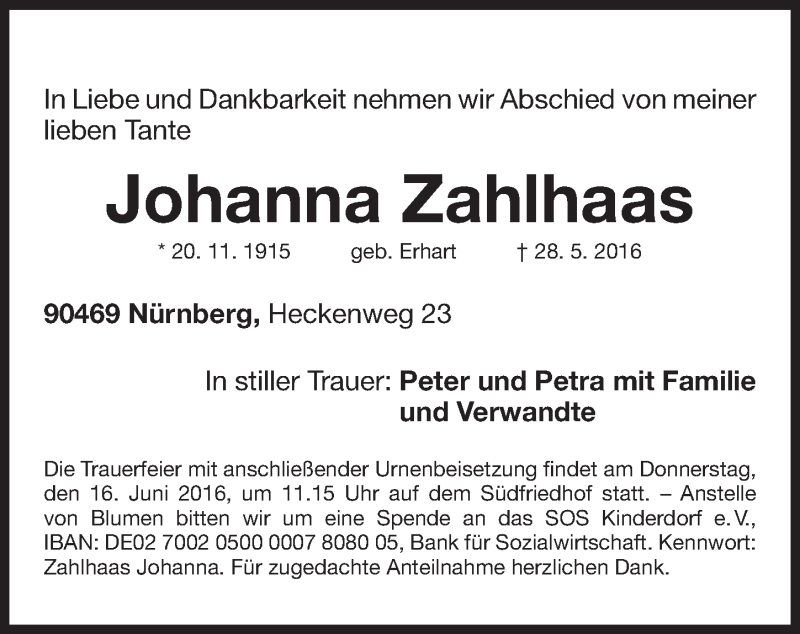  Traueranzeige für Johanna Zahlhaas vom 11.06.2016 aus Gesamtausgabe Nürnberger Nachrichten/ Nürnberger Ztg.