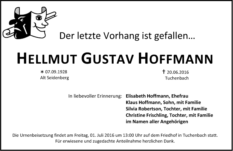  Traueranzeige für Hellmut Gustav Hoffmann  vom 25.06.2016 aus Gesamtausgabe Nürnberger Nachrichten/ Nürnberger Ztg.
