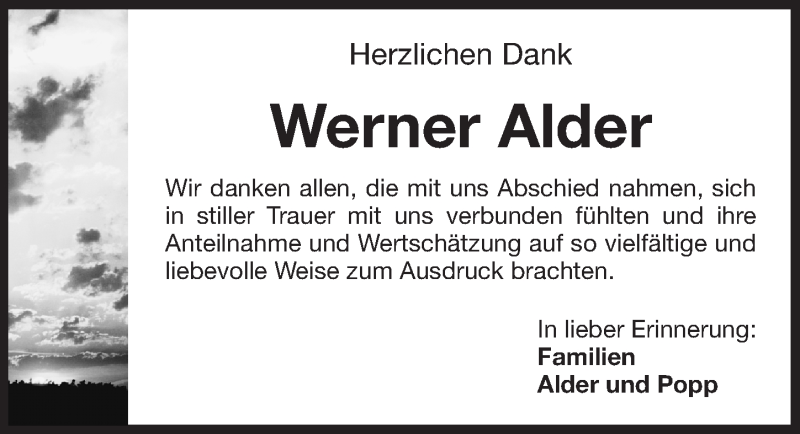  Traueranzeige für Werner Alder vom 18.06.2016 aus Gesamtausgabe Nürnberger Nachrichten/ Nürnberger Ztg.
