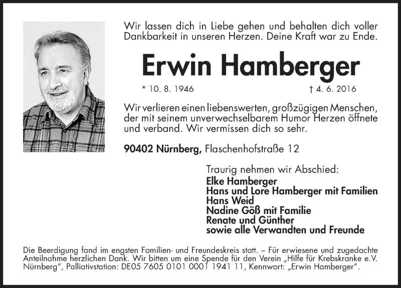  Traueranzeige für Erwin Hamberger vom 11.06.2016 aus Gesamtausgabe Nürnberger Nachrichten/ Nürnberger Ztg.