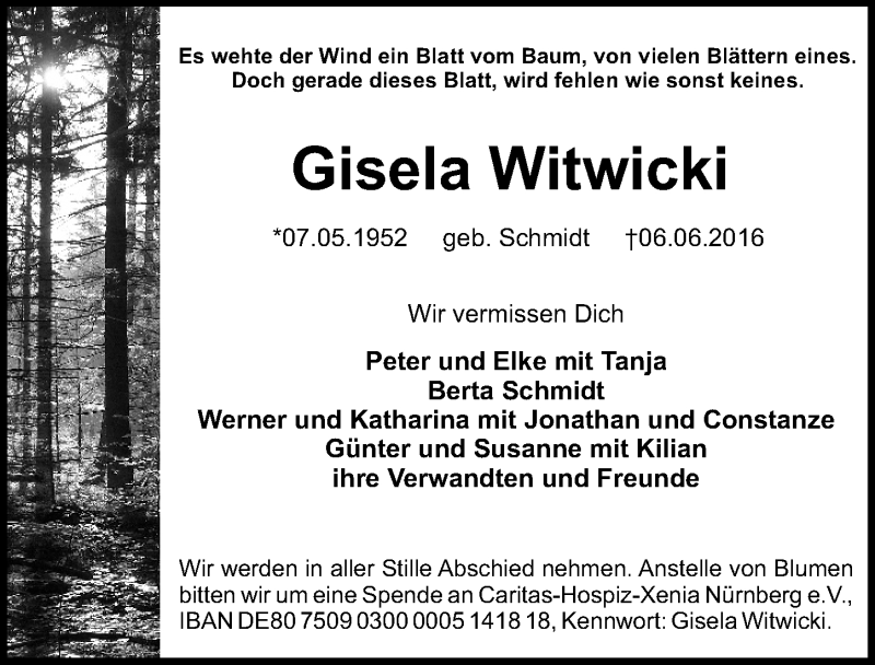  Traueranzeige für Gisela Witwicki vom 11.06.2016 aus Gesamtausgabe Nürnberger Nachrichten/ Nürnberger Ztg.