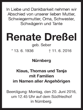 Traueranzeige von Renate Dreßel von Gesamtausgabe Nürnberger Nachrichten/ Nürnberger Ztg.