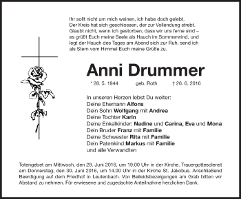 Traueranzeige von Anni Drummer von Nordbayerische Nachrichten Forchheim Lokal