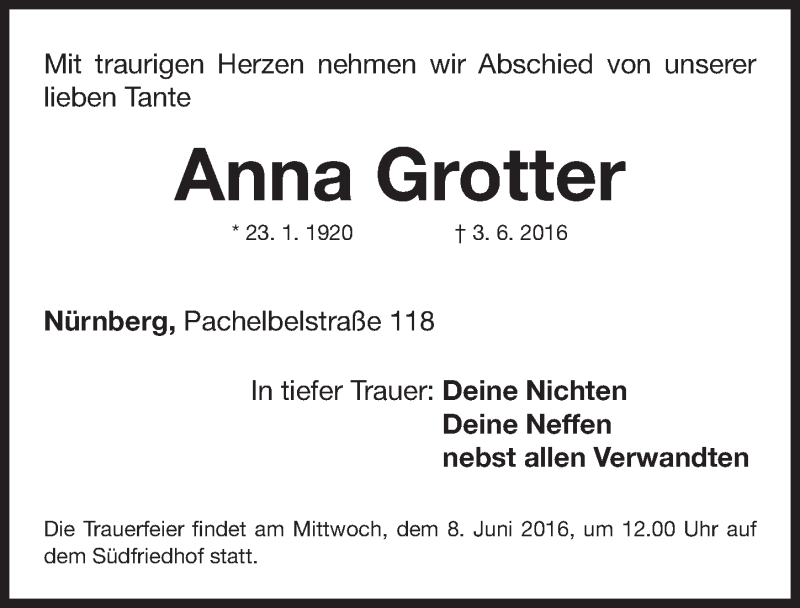  Traueranzeige für Anna Grotter vom 06.06.2016 aus Gesamtausgabe Nürnberger Nachrichten/ Nürnberger Ztg.