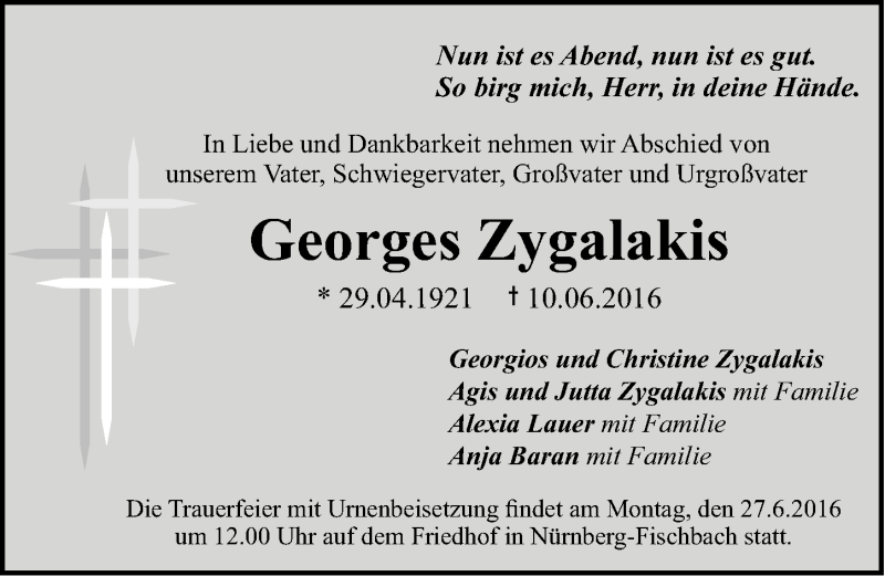  Traueranzeige für Georges Zygalakis vom 23.06.2016 aus Gesamtausgabe Nürnberger Nachrichten/ Nürnberger Ztg.