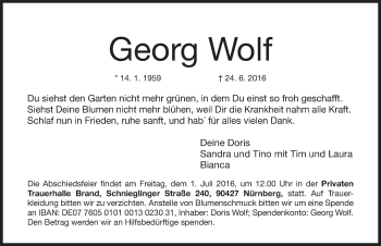 Traueranzeige von Georg Wolf von Gesamtausgabe Nürnberger Nachrichten/ Nürnberger Ztg.