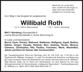 Traueranzeige von Willibald Roth von Gesamtausgabe Nürnberger Nachrichten/ Nürnberger Ztg.