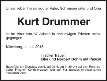 Traueranzeige von Kurt Drummer von Gesamtausgabe Nürnberger Nachrichten/ Nürnberger Ztg.