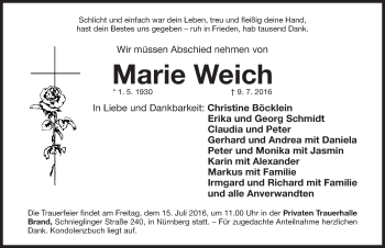 Traueranzeige von Marie Weich von Gesamtausgabe Nürnberger Nachrichten/ Nürnberger Ztg.