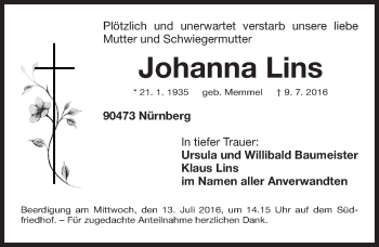Traueranzeige von Johanna Lins von Gesamtausgabe Nürnberger Nachrichten/ Nürnberger Ztg.