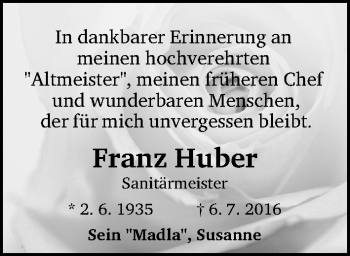 Traueranzeige von Franz Huber von Gesamtausgabe Nürnberger Nachrichten/ Nürnberger Ztg.