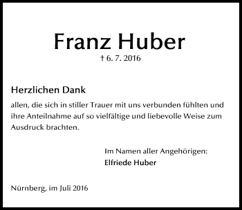 Traueranzeige von Franz Huber von Gesamtausgabe Nürnberger Nachrichten/ Nürnberger Ztg.