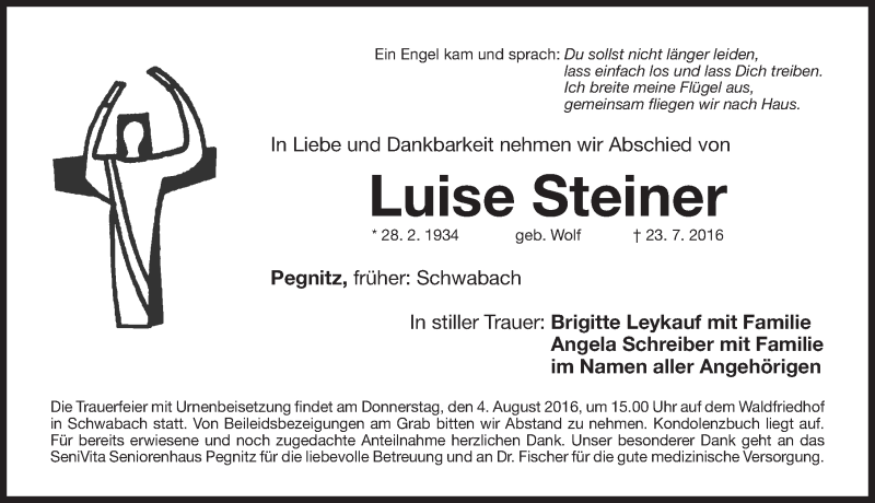  Traueranzeige für Luise Steiner vom 01.08.2016 aus Gesamtausgabe Nürnberger Nachrichten/ Nürnberger Ztg.