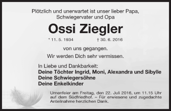 Traueranzeige von Ossi Ziegler von Gesamtausgabe Nürnberger Nachrichten/ Nürnberger Ztg.