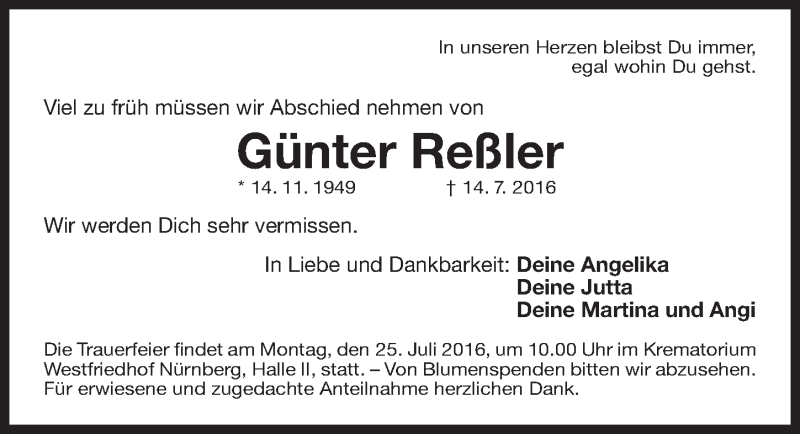  Traueranzeige für Günter Reßler vom 23.07.2016 aus Gesamtausgabe Nürnberger Nachrichten/ Nürnberger Ztg.