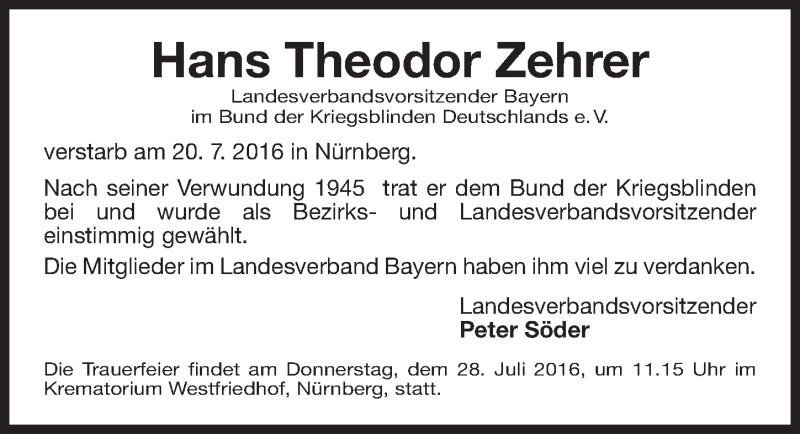  Traueranzeige für Hans Theodor Zehrer vom 23.07.2016 aus Gesamtausgabe Nürnberger Nachrichten/ Nürnberger Ztg.