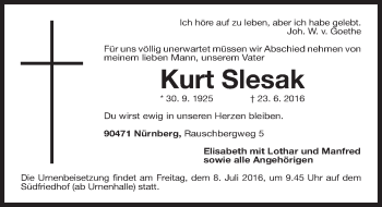 Traueranzeige von Kurt Slesak von Gesamtausgabe Nürnberger Nachrichten/ Nürnberger Ztg.