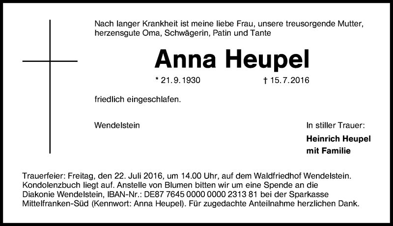  Traueranzeige für Anna Heupel vom 20.07.2016 aus Schwabach