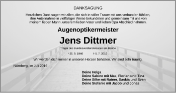 Traueranzeige von Jens Dittmer von Gesamtausgabe Nürnberger Nachrichten/ Nürnberger Ztg.