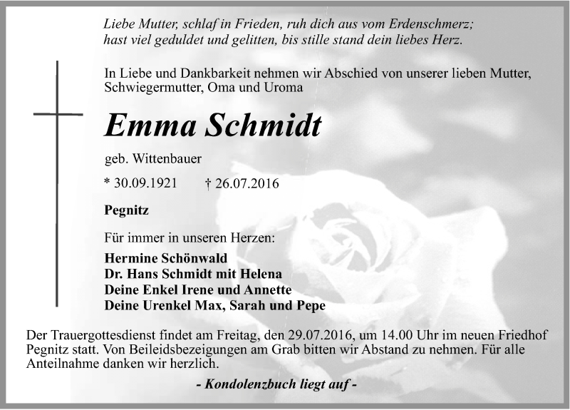  Traueranzeige für Emma Schmidt vom 27.07.2016 aus Nordbayerische Nachrichten Pegnitz Lokal